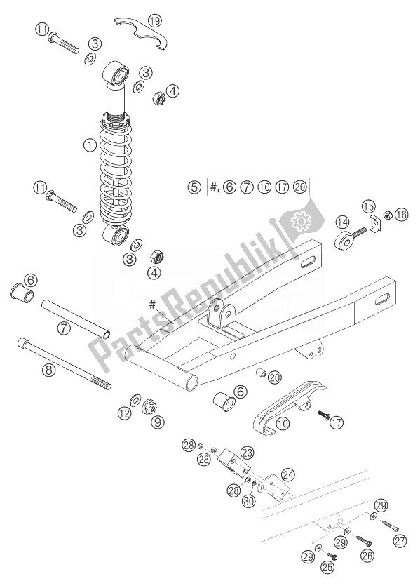 Tutte le parti per il Ammortizzatore, Braccio Oscillante del KTM 50 Senior Adventure Europe 2004