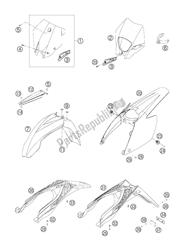 All parts for the Mask, Fenders of the KTM 200 EXC Europe 2006