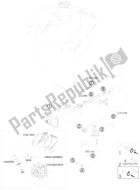 Tutte le parti per il Contenitore Per Evaporazione del KTM 690 Duke White USA 2008