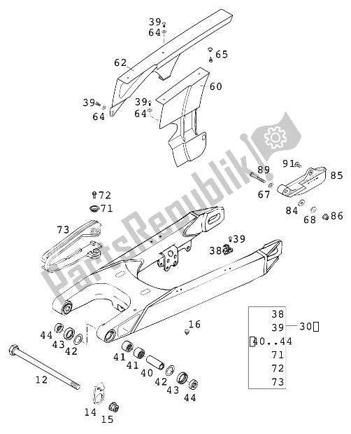 Tutte le parti per il Forcellone 400/640 Lc4 del KTM 640 LC 4 Super Moto USA 2001