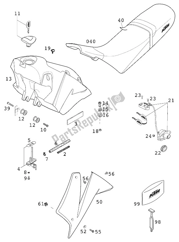 Todas las partes para Depósito - Asiento - Tapa 640 Duque de KTM 640 Duke II ROT Europe 2001