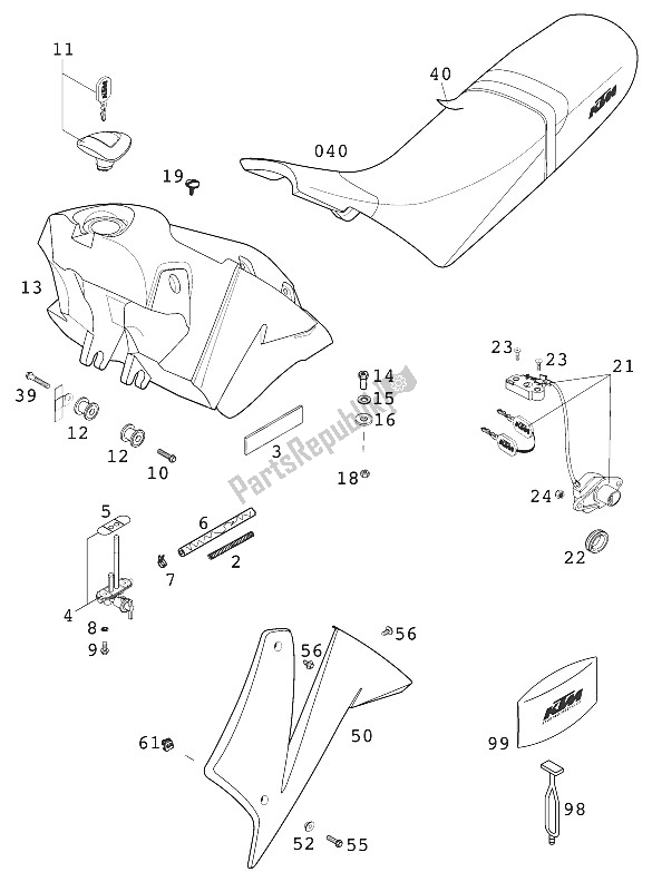 All parts for the Tank - Seat - Cover 640 Duke of the KTM 640 Duke II Lime United Kingdom 2001