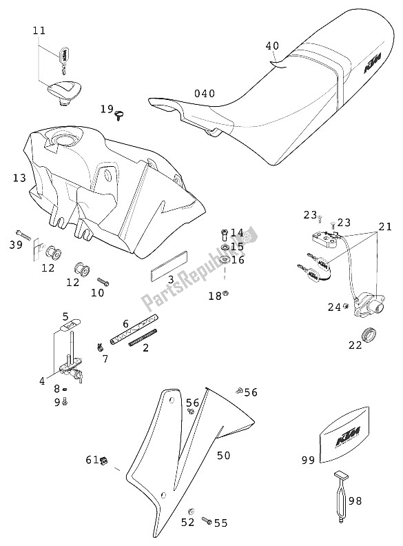 Tutte le parti per il Serbatoio - Sedile - Coperchio 640 Duca del KTM 640 Duke II United Kingdom 2000