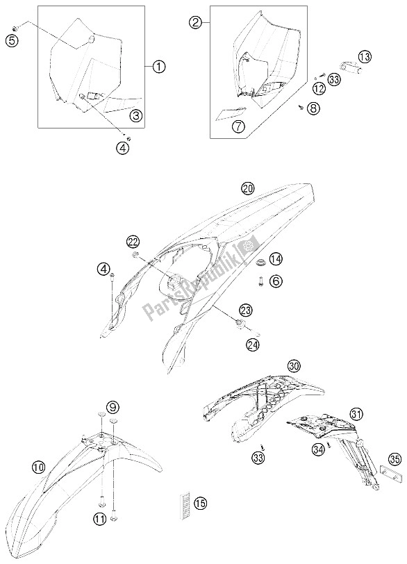 All parts for the Mask, Fenders of the KTM 350 EXC F Australia 2012