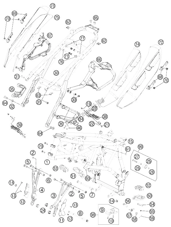 All parts for the Frame of the KTM 990 Superm T White ABS France 2012