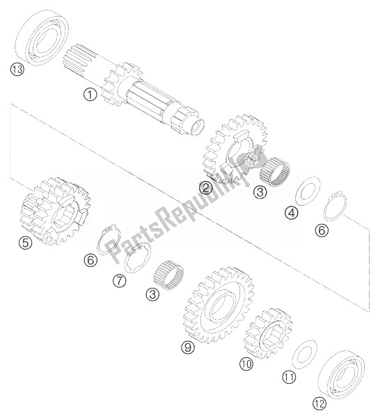 All parts for the Transmission I - Main Shaft of the KTM 400 EXC Racing Europe 2007