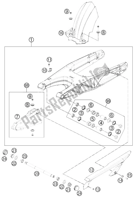 All parts for the Swing Arm of the KTM 690 Duke Black Europe 2011