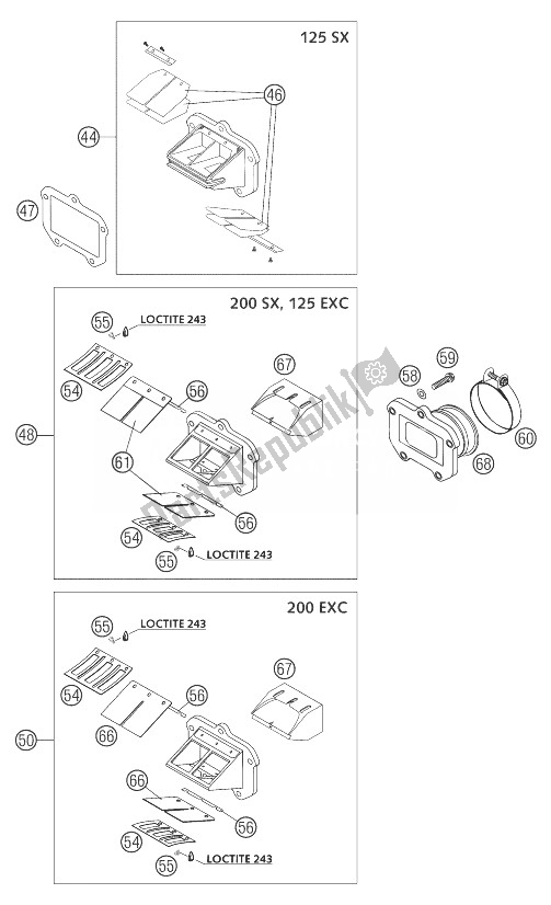 All parts for the Reed Valve Case Cpl. 125/200 of the KTM 125 EXC United Kingdom 2004