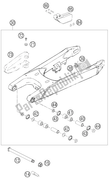 All parts for the Swing Arm of the KTM 660 Rallye Factory Repl Europe 2006