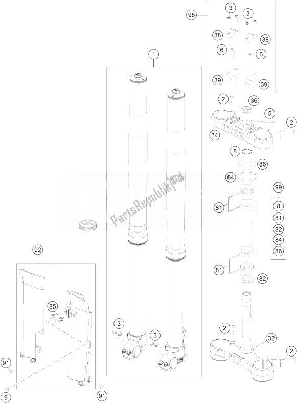 All parts for the Front Fork, Triple Clamp of the KTM 250 EXC Europe 2014