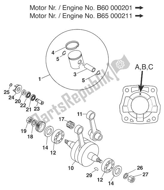 Tutte le parti per il Albero Motore - Pistone 60/65 '99 del KTM 60 SX Europe 1999