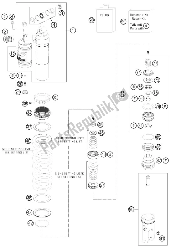 All parts for the Monoshock Disassembled of the KTM 250 XC F USA 2011