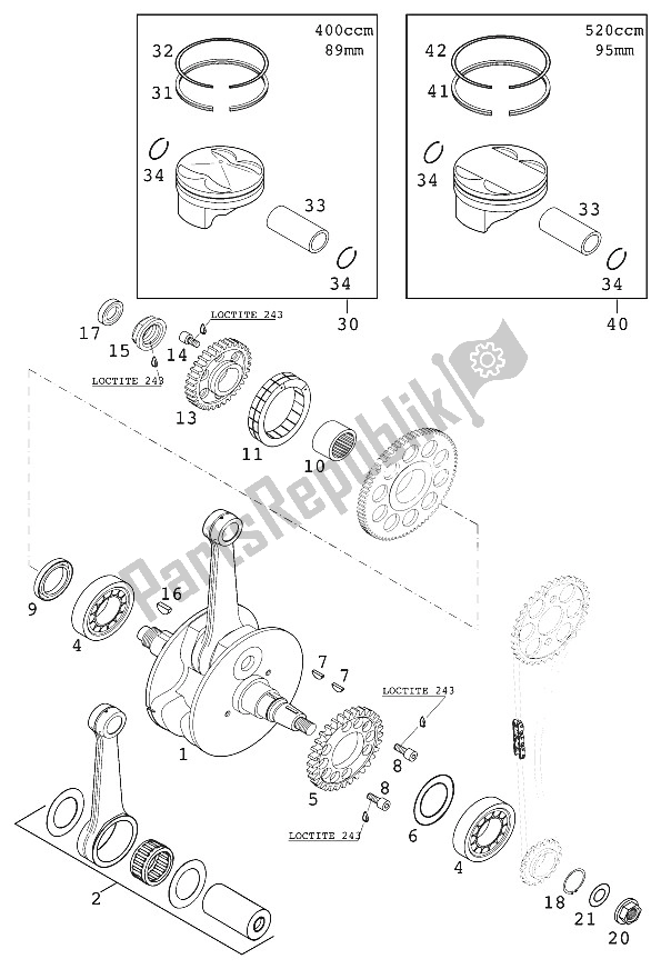 All parts for the Crankshaft, Piston 400/520 Rac of the KTM 520 EXC Racing Europe 2001