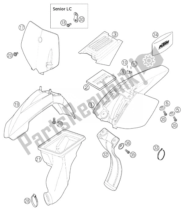 Todas las partes para Máscara, Guardabarros 50 Lc de KTM 50 SX PRO Senior LC Europe 2003