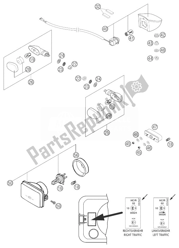 All parts for the Headlight 640 Lc4, 640 Lc4 Sm of the KTM 640 LC4 Enduro Black 12L 03 Europe 2003