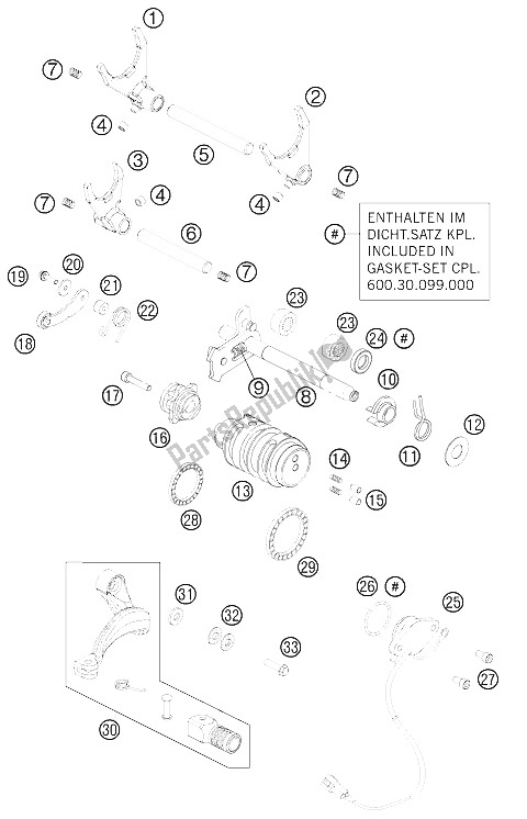All parts for the Shifting Mechanism of the KTM 990 Adventure R USA 2012