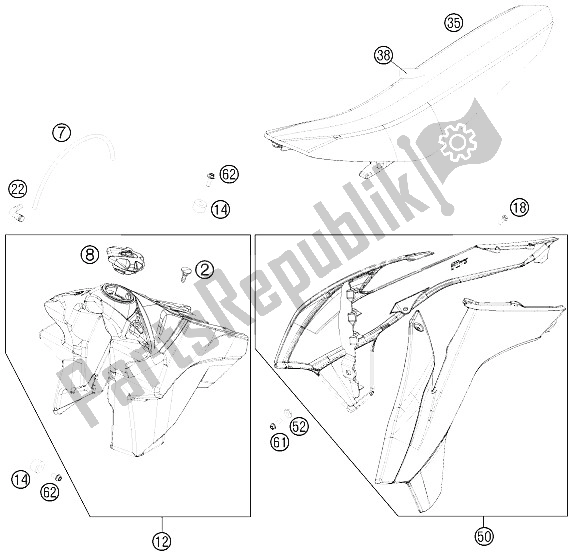 Toutes les pièces pour le Réservoir, Siège, Couverture du KTM 250 SX F Europe 2015