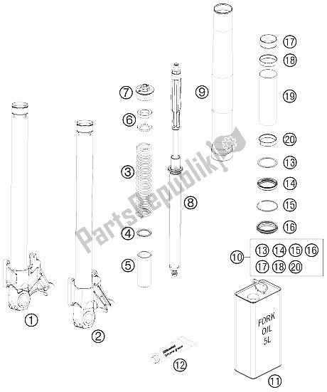 All parts for the Front Fork Dissassembled of the KTM 990 Super Duke R Australia United Kingdom 2011