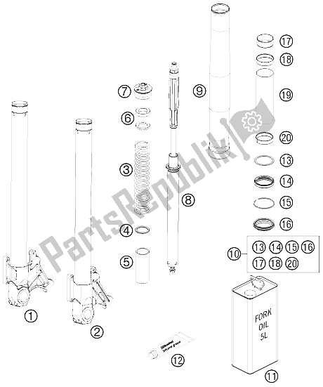 All parts for the Front Fork Dissassembled of the KTM 990 Super Duke R Europe 2012