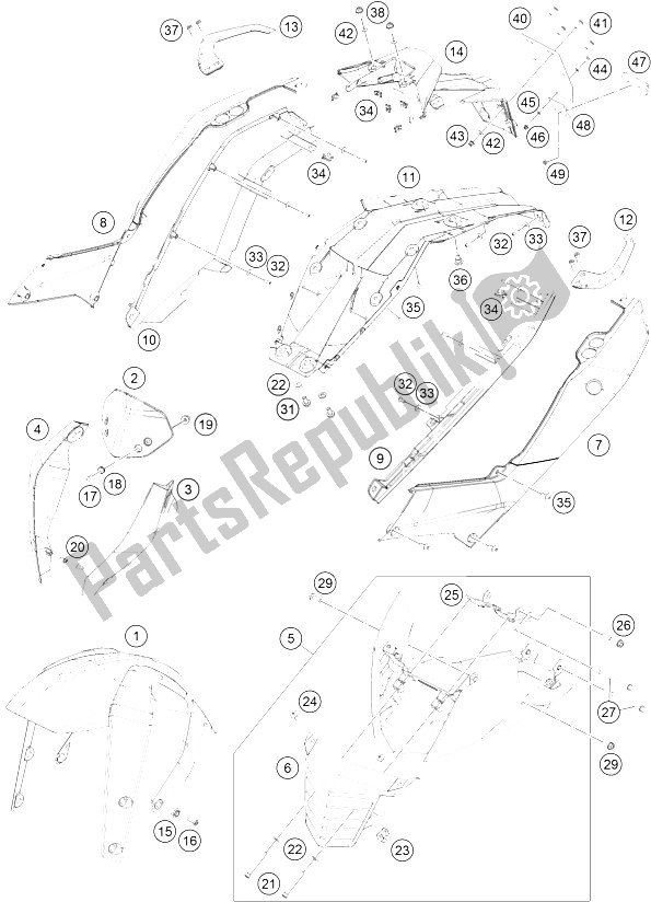 Alle onderdelen voor de Masker, Spatborden van de KTM 125 Duke Orange ABS B D 16 Europe 2016