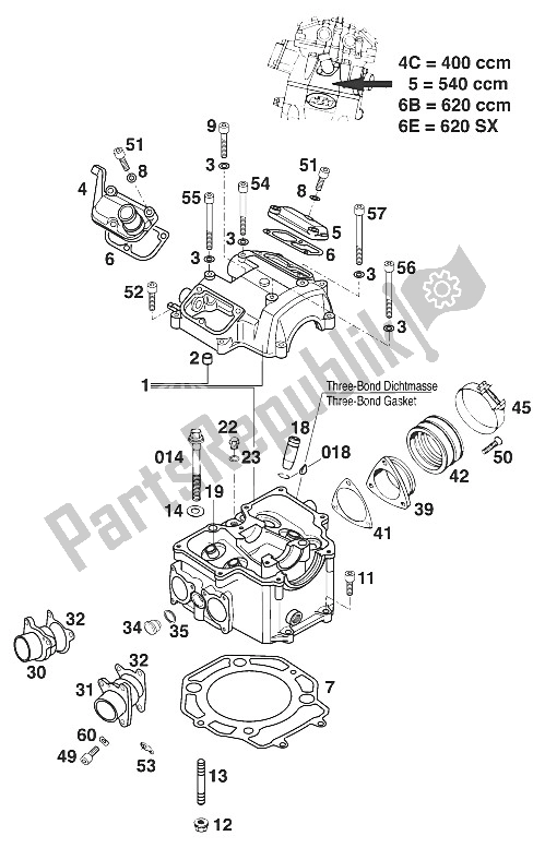 All parts for the Cylinder Head 400-540 Lc4 '98 of the KTM 400 SXC USA 2000