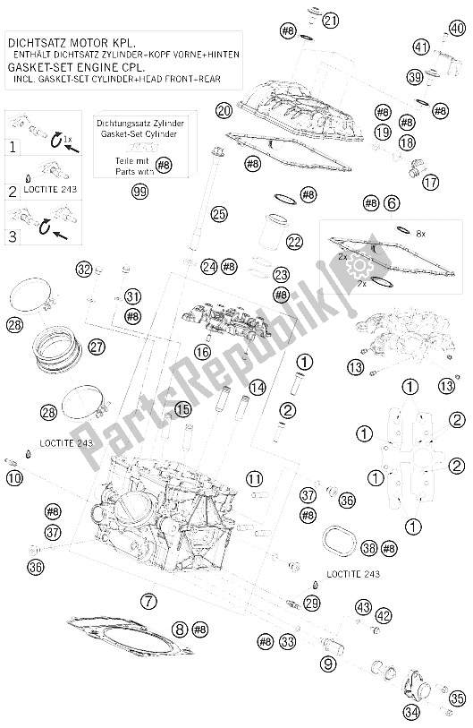 All parts for the Cylinder Head Rear of the KTM 1190 RC 8 White USA 2009