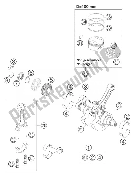 Todas as partes de Virabrequim, Pistão Lc8 do KTM 950 Adventure Black LOW Europe 2004