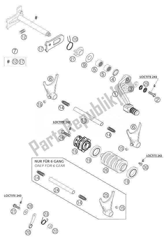 All parts for the Shifting Mechanism of the KTM 250 EXC Racing United Kingdom 2004