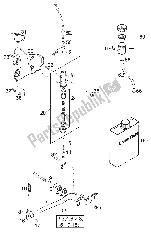 Tutte le parti per il Comando Freno Posteriore 125 Exe 20 del KTM 125 EXE 80 Europe 2000