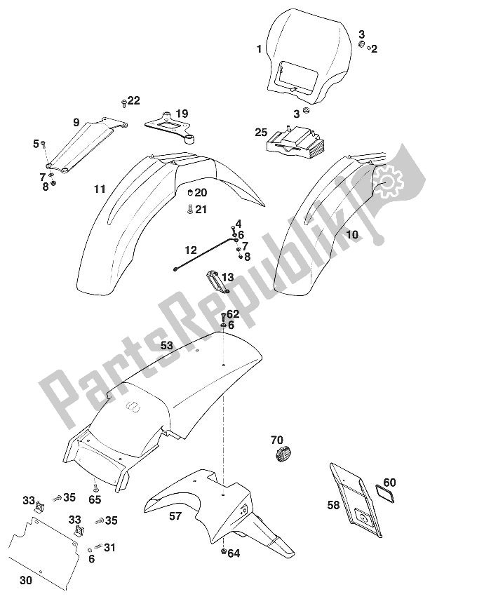 All parts for the Fenders Egs-e '97 of the KTM 620 EGS E 37 KW 20 LT Blau Europe 1997