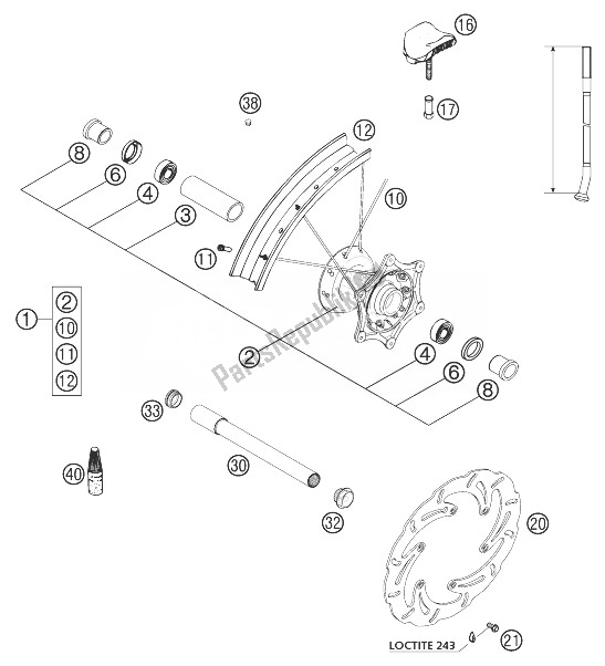 All parts for the Front Wheel 125/200 of the KTM 125 EXC Europe 2003