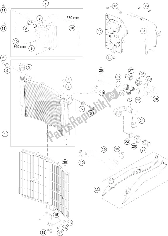 All parts for the Cooling System of the KTM 1190 ADV ABS Grey WES France 2015