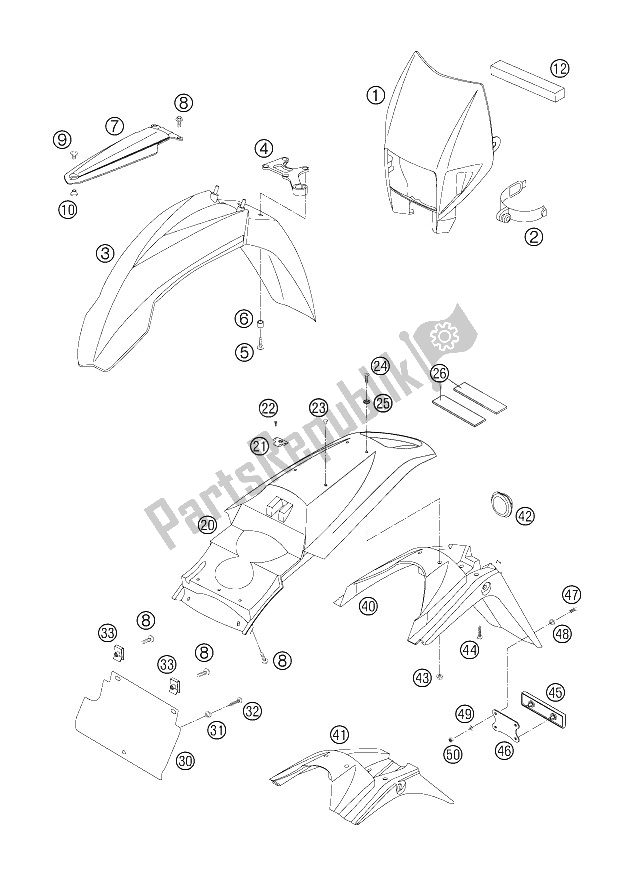 All parts for the Mask, Fenders of the KTM 625 SXC Europe 2006