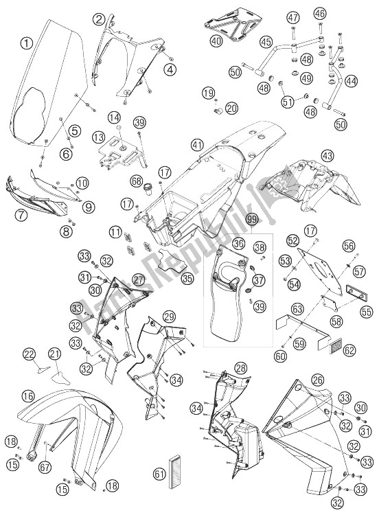 All parts for the Mask, Fenders of the KTM 990 Adventure Black ABS 07 Europe 2007