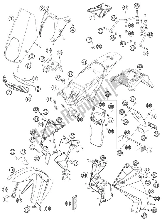 Todas as partes de Máscara, Pára-lamas do KTM 990 Adventure Orange ABS 07 USA 2007