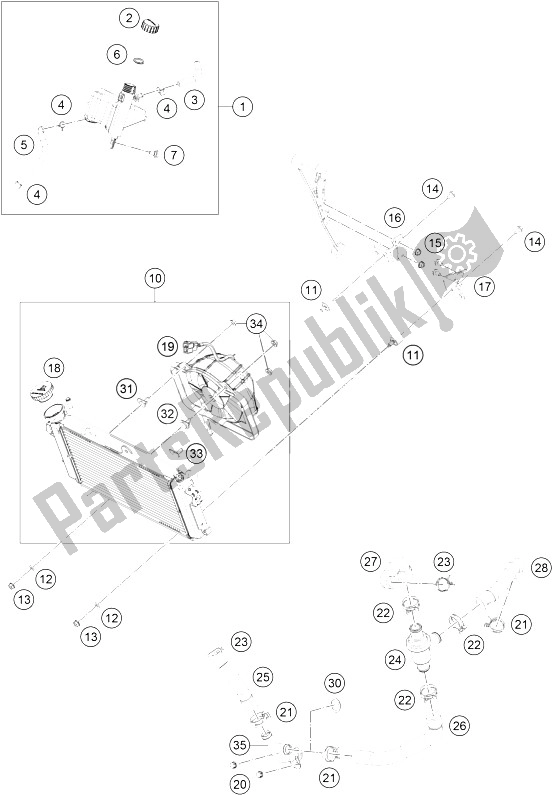 All parts for the Cooling System of the KTM RC 200 BL W O ABS B D 15 Europe 2015