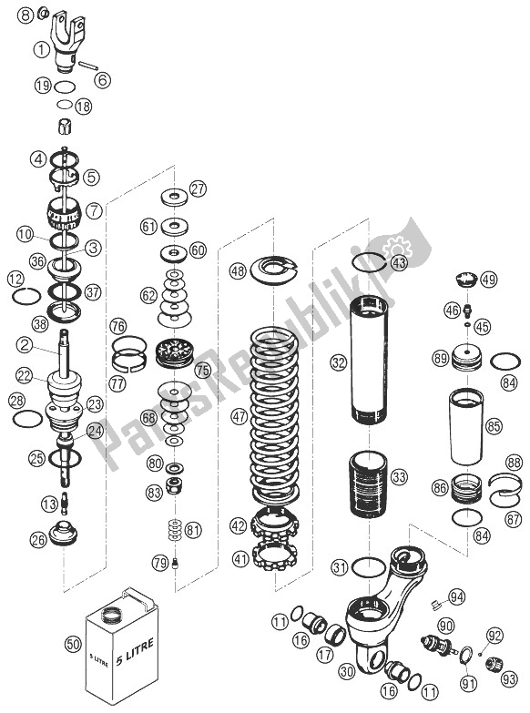 All parts for the Shock Absorber Disassembled of the KTM 640 Adventure R Australia United Kingdom 2004