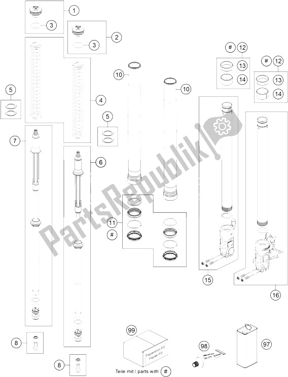 All parts for the Front Fork Disassembled of the KTM 690 Duke R ABS Australia 2015