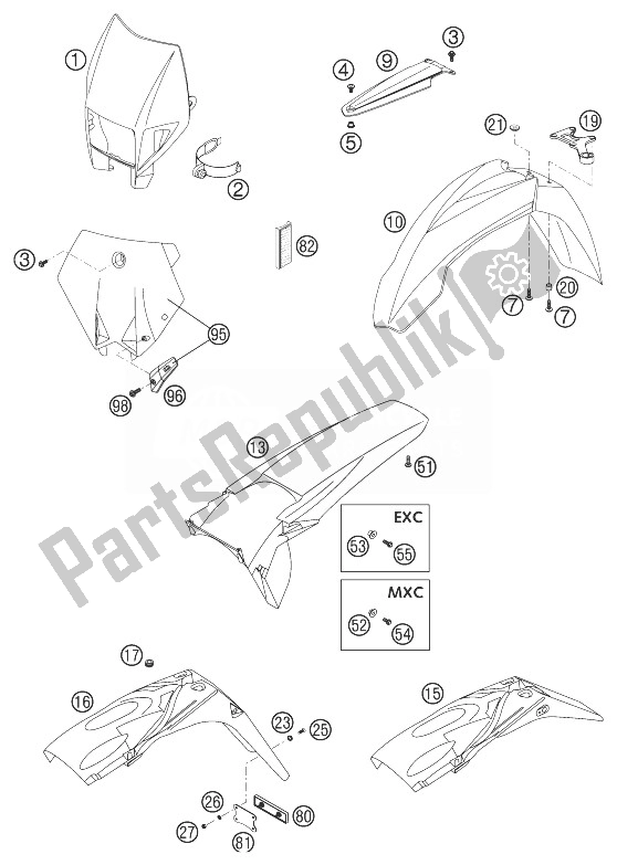 Toutes les pièces pour le Garde-boue 250/300 du KTM 250 EXC Australia 2003