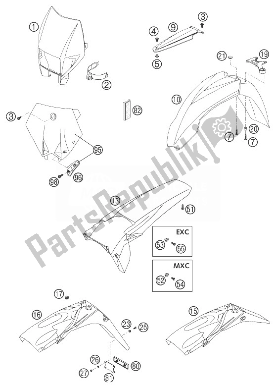 Toutes les pièces pour le Garde-boue 250/300 du KTM 250 EXC USA 2003