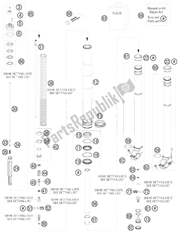 All parts for the Front Fork Disassembled of the KTM 125 EXC Europe 2011