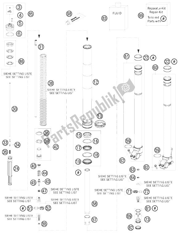 Alle onderdelen voor de Voorvork Gedemonteerd van de KTM 125 EXC Europe 2012