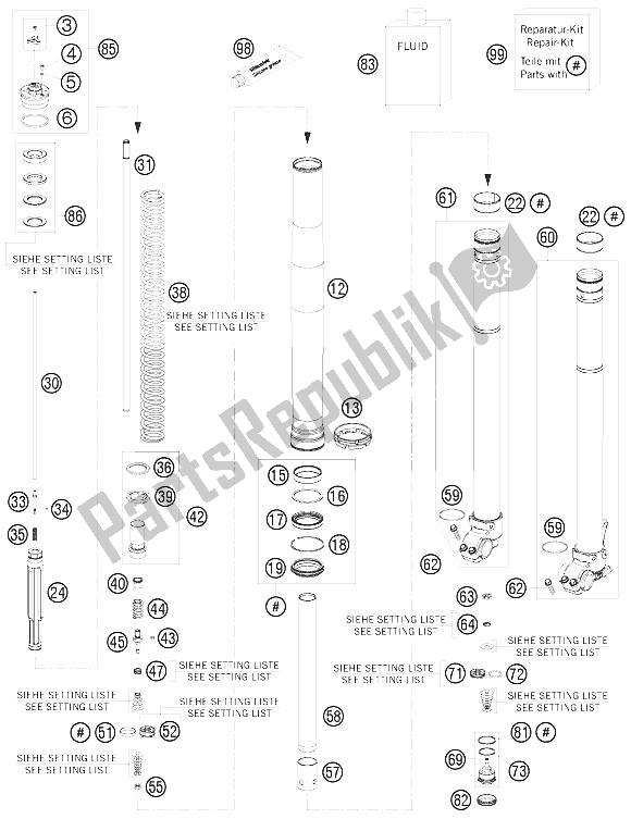 Tutte le parti per il Forcella Anteriore Smontata del KTM 125 EXC Europe 2012