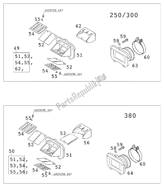 All parts for the Reed Valve Case Kpl. 250/300/38 of the KTM 250 MXC USA 2001