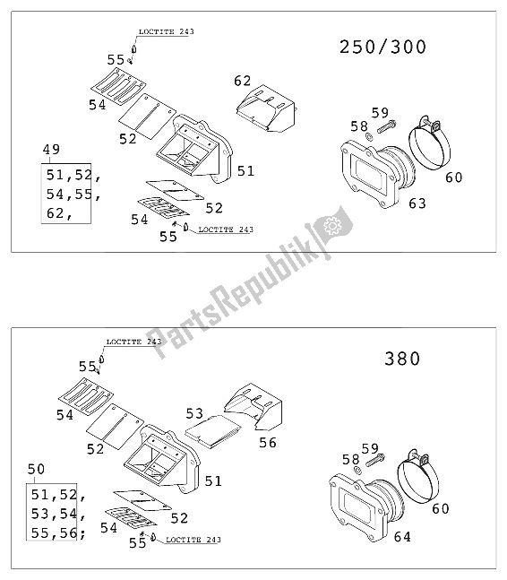 Todas as partes de Reed Valve Case Kpl. 250/300/38 do KTM 380 EXC USA 2001
