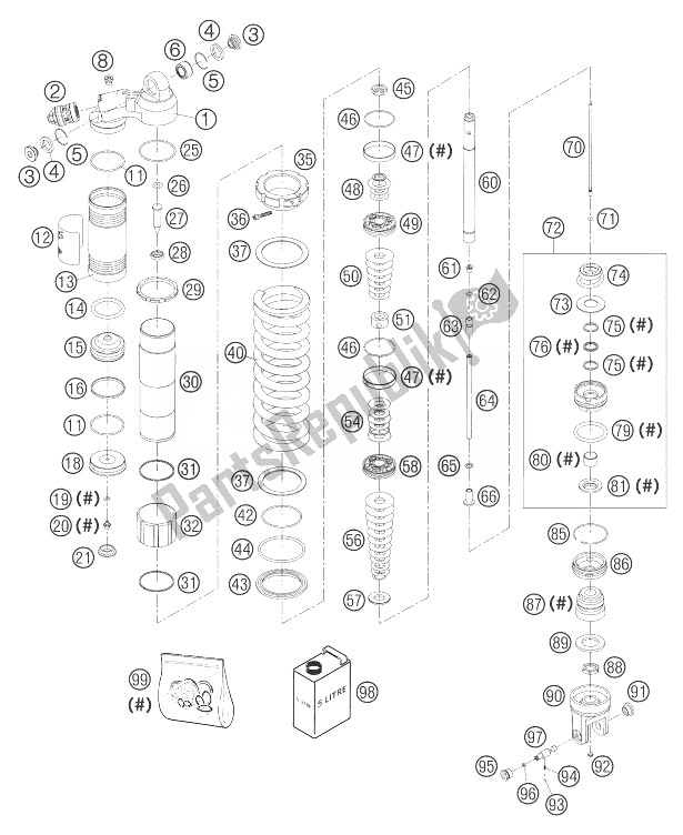 All parts for the Shock Absorber Disassembled of the KTM 250 EXC G Racing USA 2004