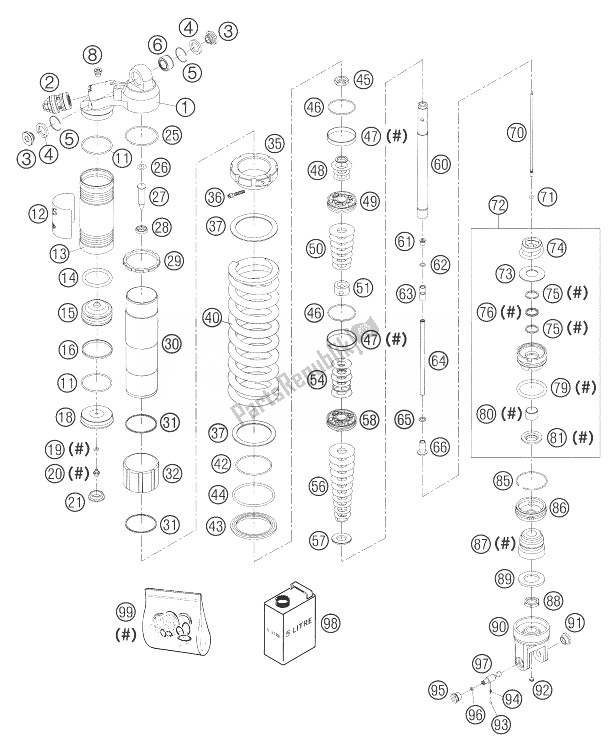 All parts for the Shock Absorber Disassembled of the KTM 250 EXC Racing Europe 2004