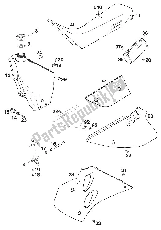 Alle onderdelen voor de Tank - Stoel - Deksel Euro 125'96 van de KTM 125 LC2 100 WEIß BRD Europe 1996