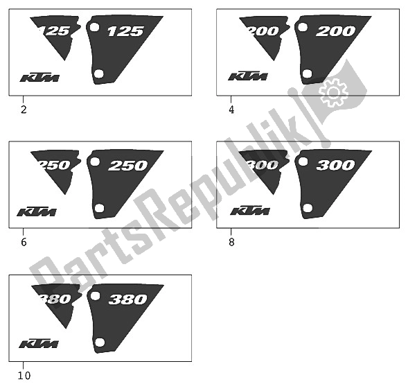 Tutte le parti per il Decalcomania 125-380 2001 del KTM 125 EXC Europe 2001