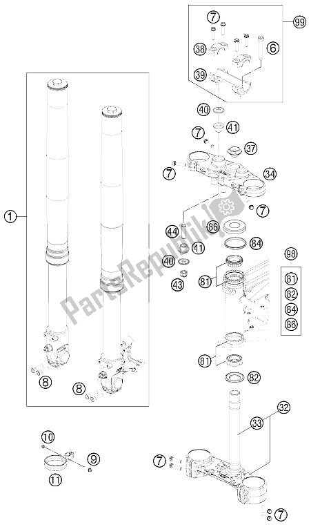 Todas as partes de Garfo Dianteiro, Braçadeira Tripla do KTM 690 Duke Black Australia United Kingdom 2011